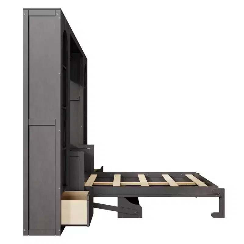 Letto a muro Murphy grigio Queen con armadietti laterali, luci LED e contenitore – 1 Persona