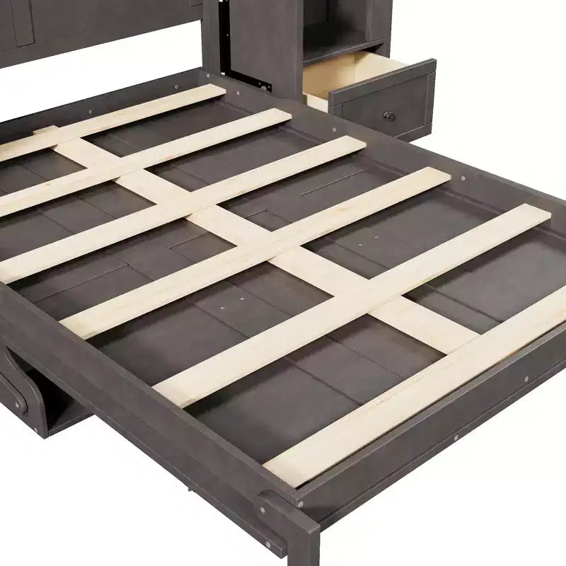 Letto a muro Murphy grigio Queen con armadietti laterali, luci LED e contenitore – 1 Persona