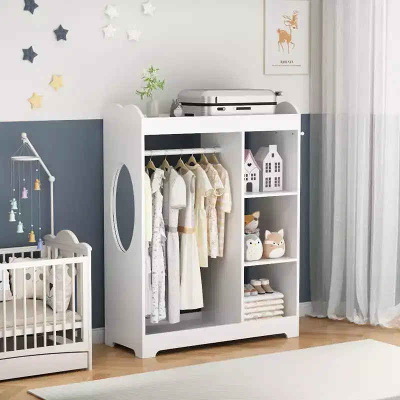 Armadio travestimenti bianco per bambini con specchio, appendiabiti, ganci e mensole - 1 bambino