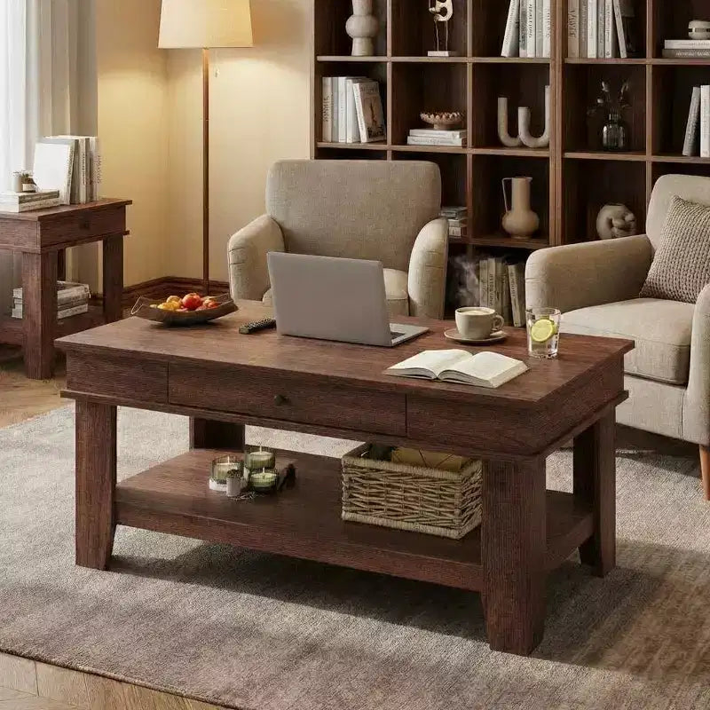 Tavolino rettangolare nero/marrone/rovere chiaro con cassetto e ripiano portaoggetti, 1 pezzo