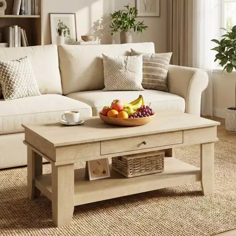 Tavolino rettangolare nero/marrone/rovere chiaro con cassetto e ripiano portaoggetti, 1 pezzo