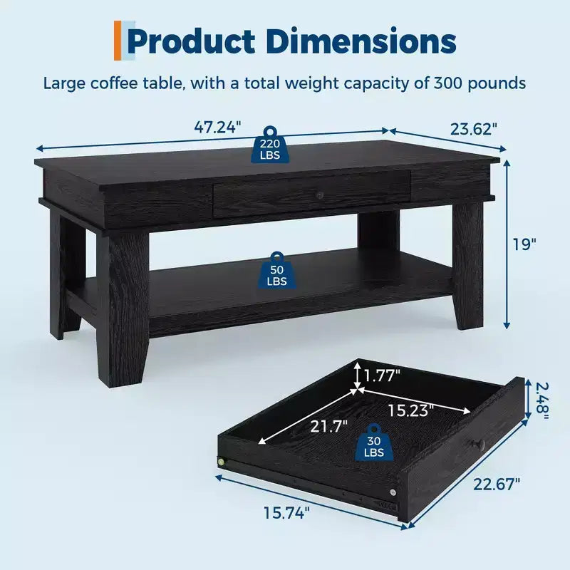 Tavolino rettangolare nero/marrone/rovere chiaro con cassetto e ripiano portaoggetti, 1 pezzo
