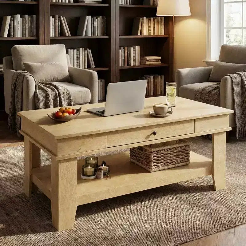 Tavolino rettangolare nero/marrone/rovere chiaro con cassetto e ripiano portaoggetti, 1 pezzo