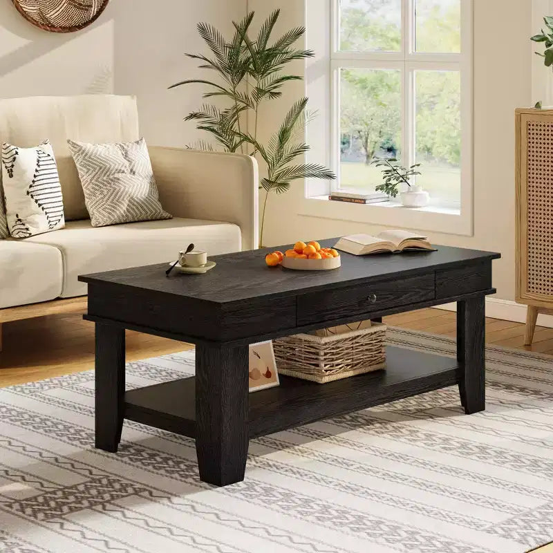 Tavolino rettangolare nero/marrone/rovere chiaro con cassetto e ripiano portaoggetti, 1 pezzo