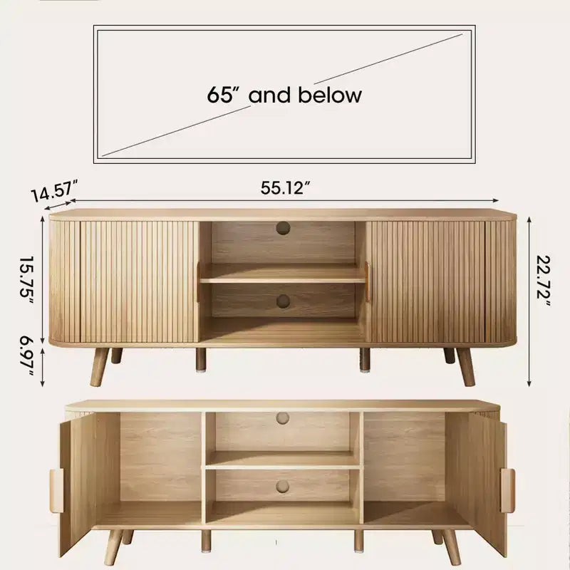 Mobile TV scanalato in rovere per TV fino a 65", largo 55", 1 pezzo