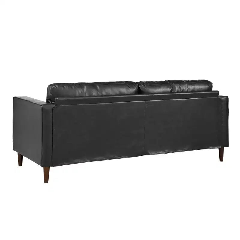 Divano a 3 posti in ecopelle (PU) in stile moderno di metà secolo, nero / marrone scuro / marrone chiaro, con design trapuntato e gambe in legno
