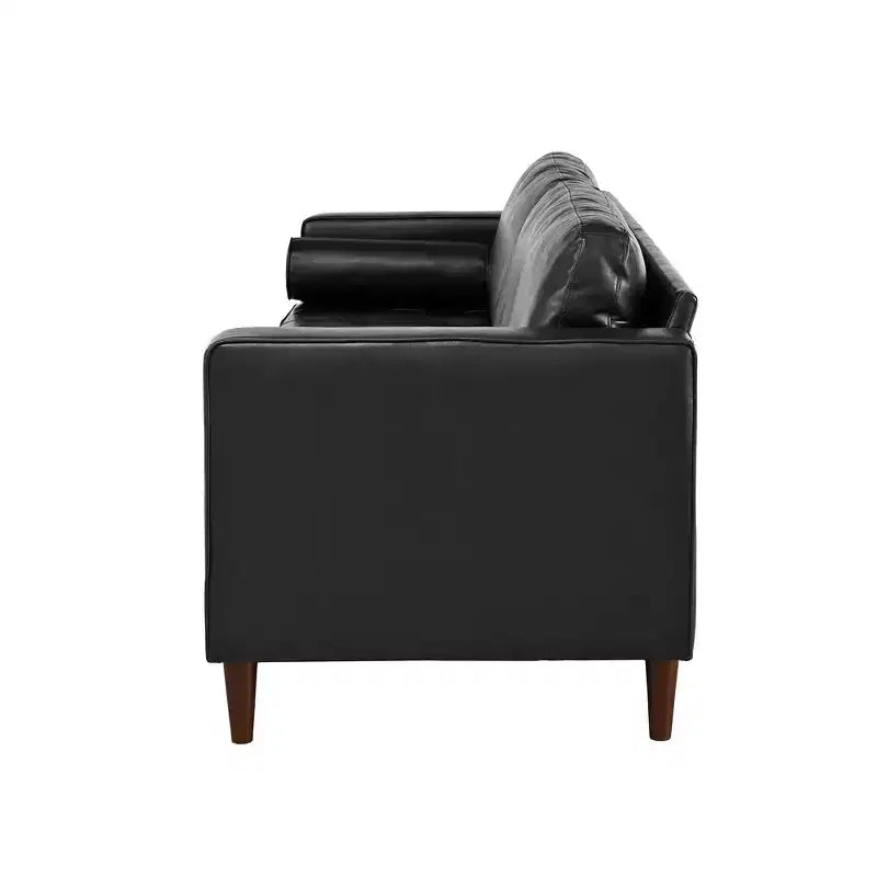 Divano a 3 posti in ecopelle (PU) in stile moderno di metà secolo, nero / marrone scuro / marrone chiaro, con design trapuntato e gambe in legno
