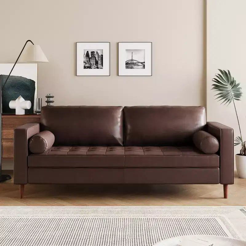 Divano a 3 posti in ecopelle (PU) in stile moderno di metà secolo, nero / marrone scuro / marrone chiaro, con design trapuntato e gambe in legno
