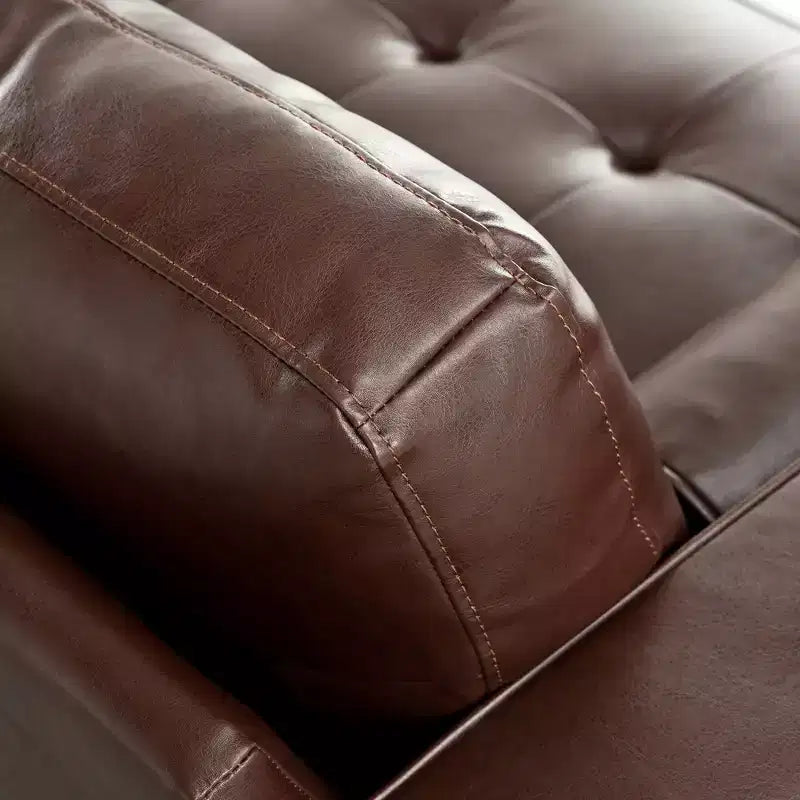 Divano a 3 posti in ecopelle (PU) in stile moderno di metà secolo, nero / marrone scuro / marrone chiaro, con design trapuntato e gambe in legno