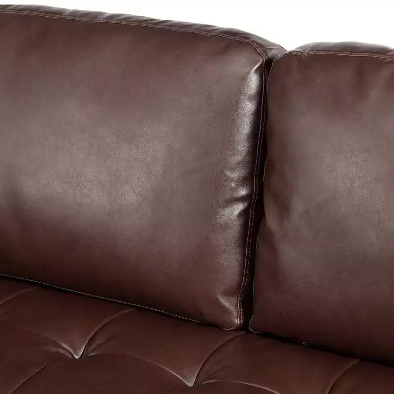 Divano a 3 posti in ecopelle (PU) in stile moderno di metà secolo, nero / marrone scuro / marrone chiaro, con design trapuntato e gambe in legno
