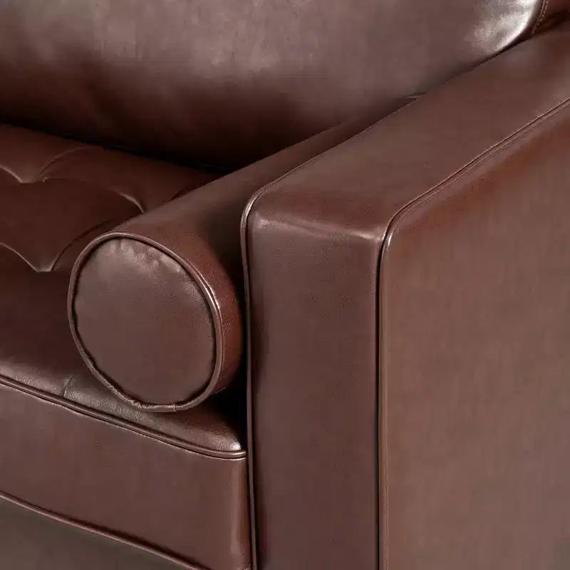 Divano a 3 posti in ecopelle (PU) in stile moderno di metà secolo, nero / marrone scuro / marrone chiaro, con design trapuntato e gambe in legno