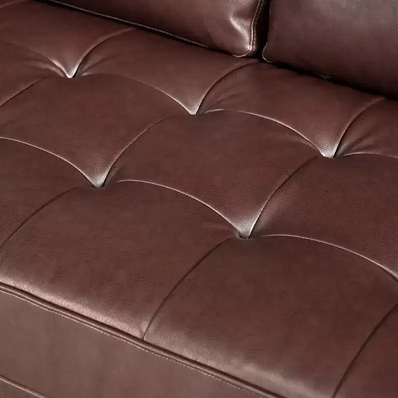 Divano a 3 posti in ecopelle (PU) in stile moderno di metà secolo, nero / marrone scuro / marrone chiaro, con design trapuntato e gambe in legno
