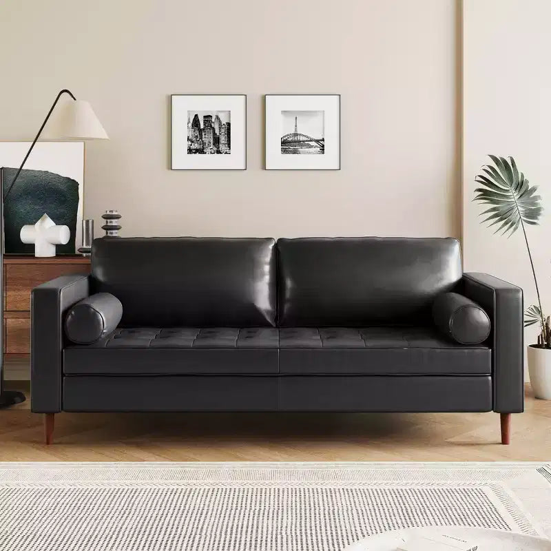 Divano a 3 posti in ecopelle (PU) in stile moderno di metà secolo, nero / marrone scuro / marrone chiaro, con design trapuntato e gambe in legno