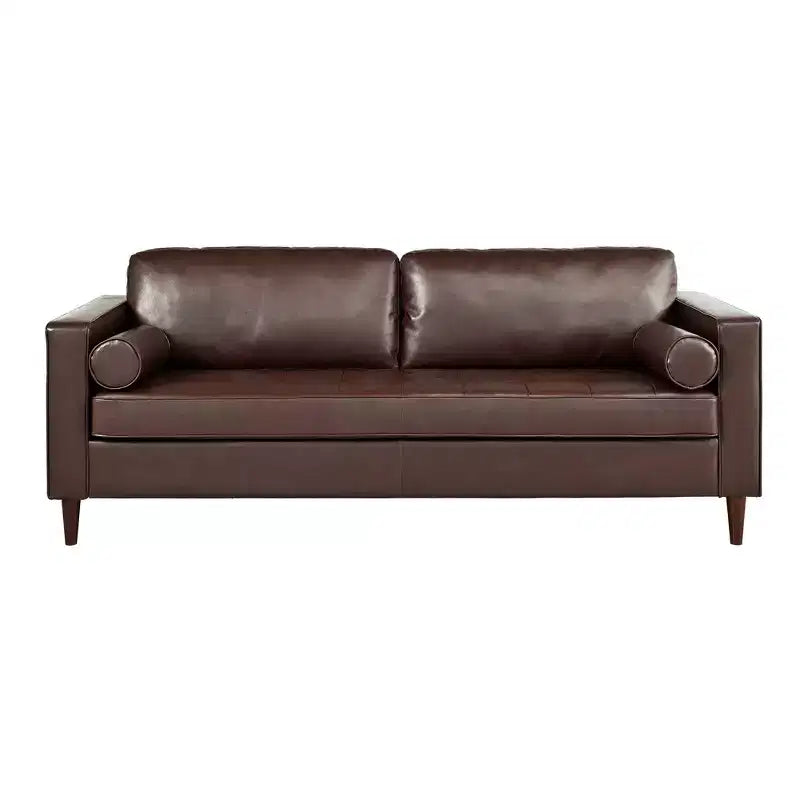Divano a 3 posti in ecopelle (PU) in stile moderno di metà secolo, nero / marrone scuro / marrone chiaro, con design trapuntato e gambe in legno