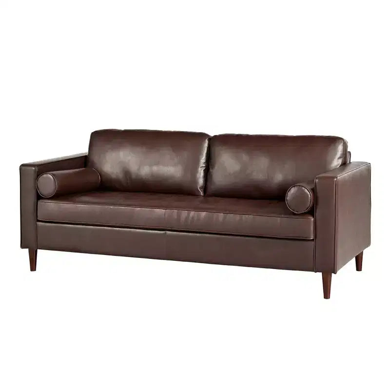 Divano a 3 posti in ecopelle (PU) in stile moderno di metà secolo, nero / marrone scuro / marrone chiaro, con design trapuntato e gambe in legno