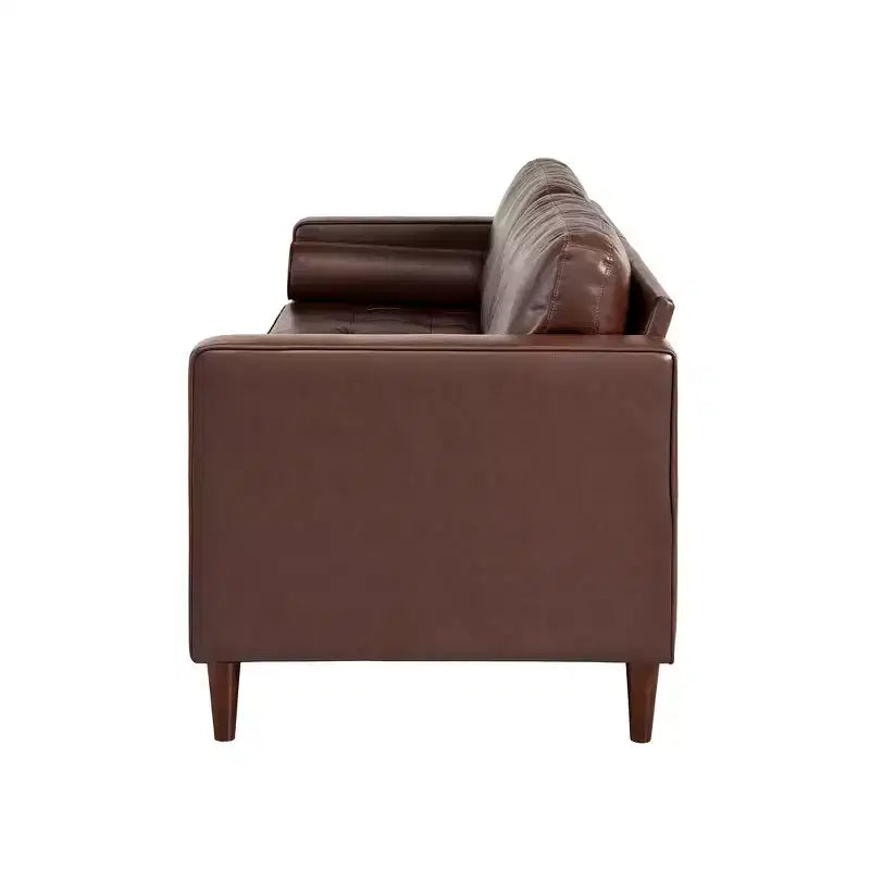 Divano a 3 posti in ecopelle (PU) in stile moderno di metà secolo, nero / marrone scuro / marrone chiaro, con design trapuntato e gambe in legno