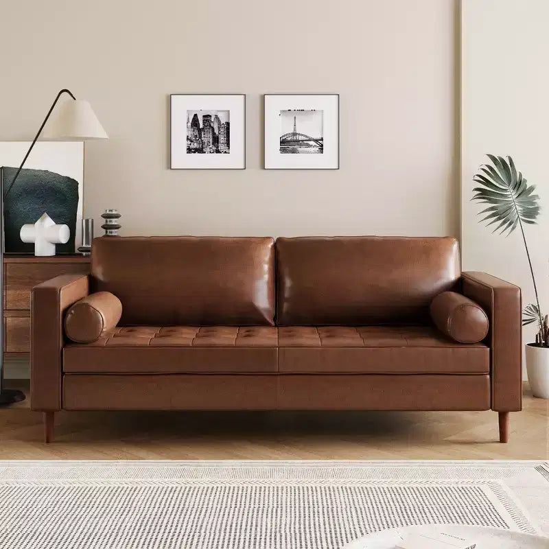 Divano a 3 posti in ecopelle (PU) in stile moderno di metà secolo, nero / marrone scuro / marrone chiaro, con design trapuntato e gambe in legno