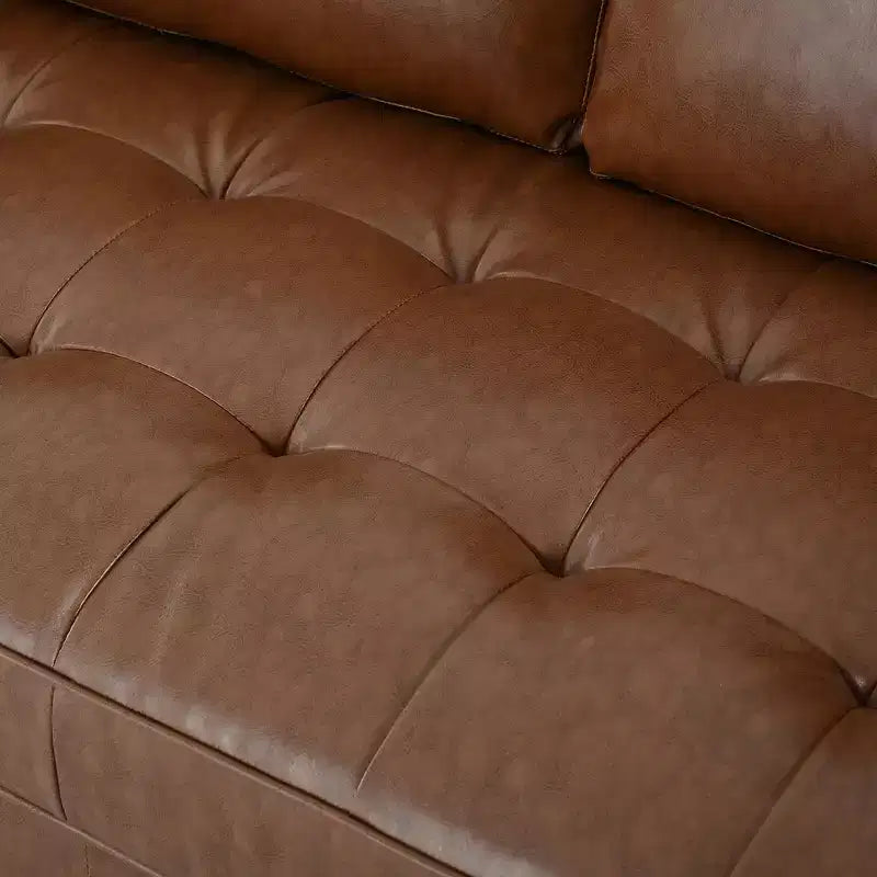 Divano a 3 posti in ecopelle (PU) in stile moderno di metà secolo, nero / marrone scuro / marrone chiaro, con design trapuntato e gambe in legno