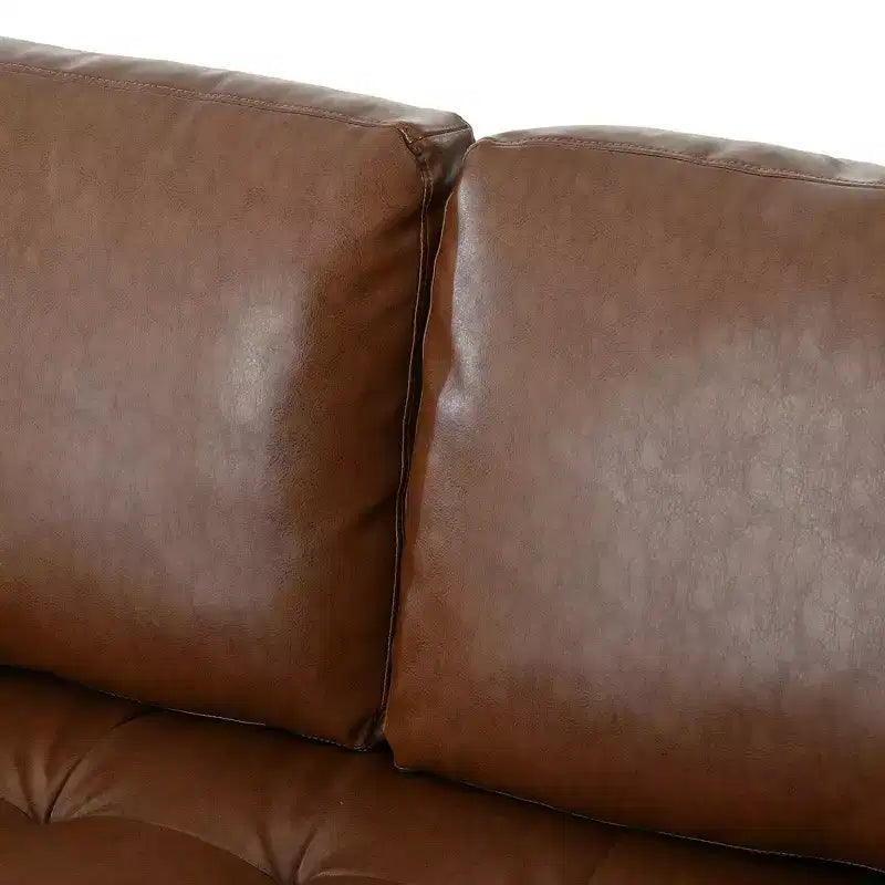 Divano a 3 posti in ecopelle (PU) in stile moderno di metà secolo, nero / marrone scuro / marrone chiaro, con design trapuntato e gambe in legno