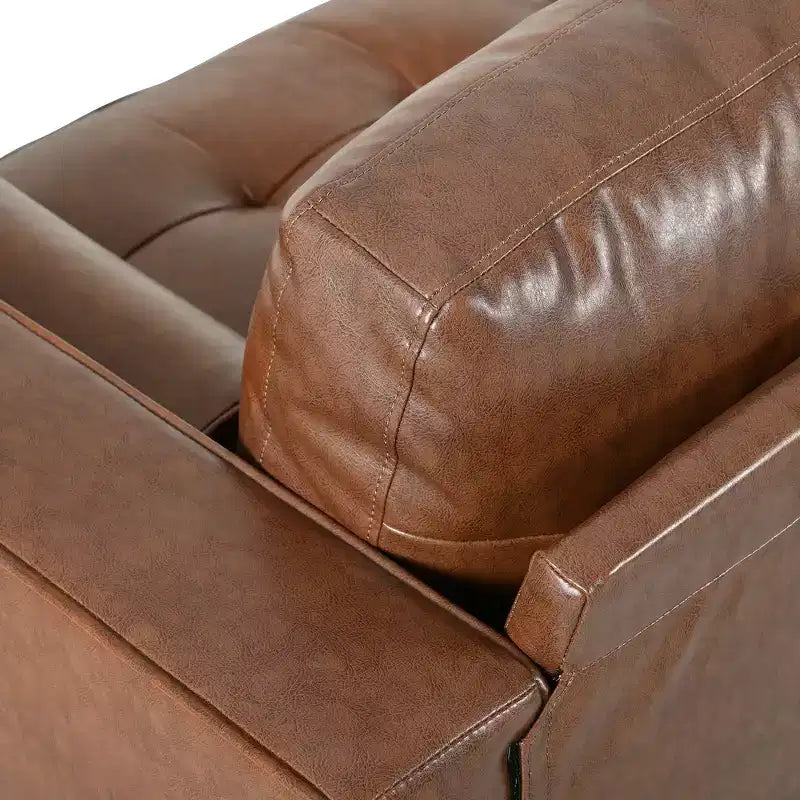 Divano a 3 posti in ecopelle (PU) in stile moderno di metà secolo, nero / marrone scuro / marrone chiaro, con design trapuntato e gambe in legno