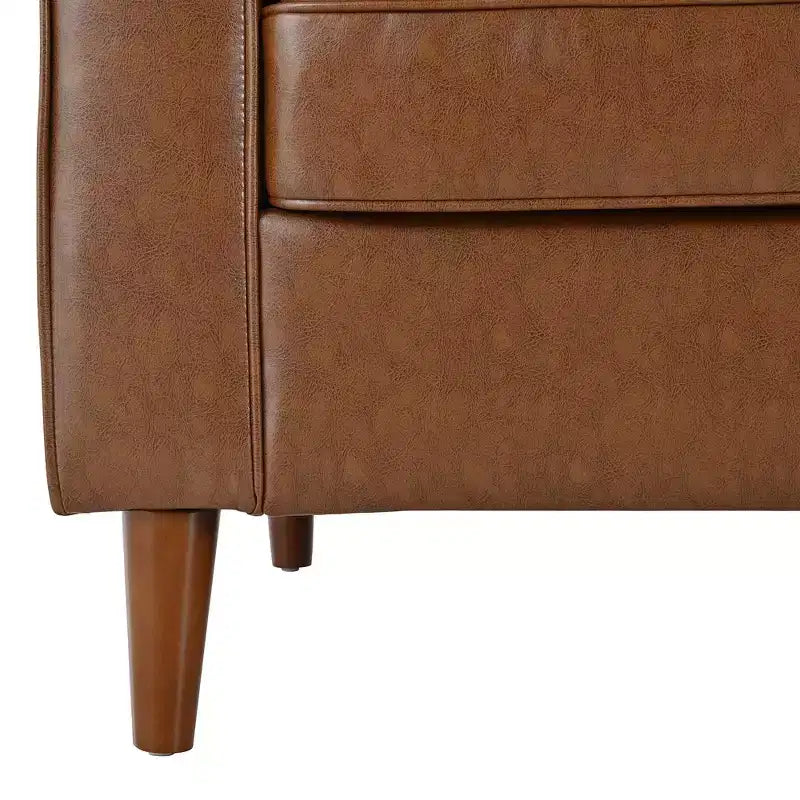 Divano a 3 posti in ecopelle (PU) in stile moderno di metà secolo, nero / marrone scuro / marrone chiaro, con design trapuntato e gambe in legno