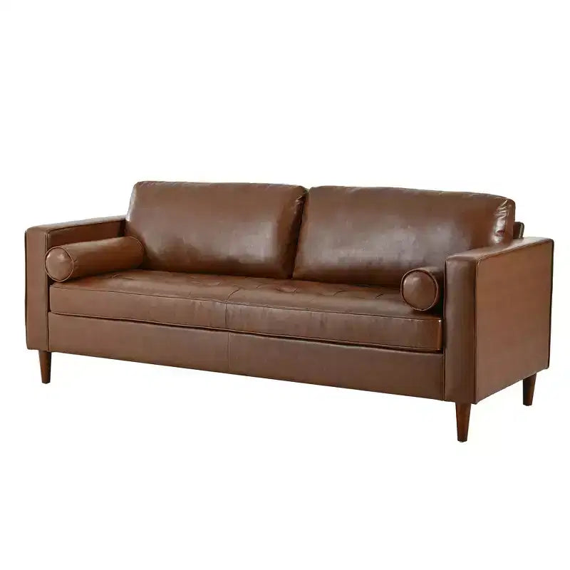 Divano a 3 posti in ecopelle (PU) in stile moderno di metà secolo, nero / marrone scuro / marrone chiaro, con design trapuntato e gambe in legno