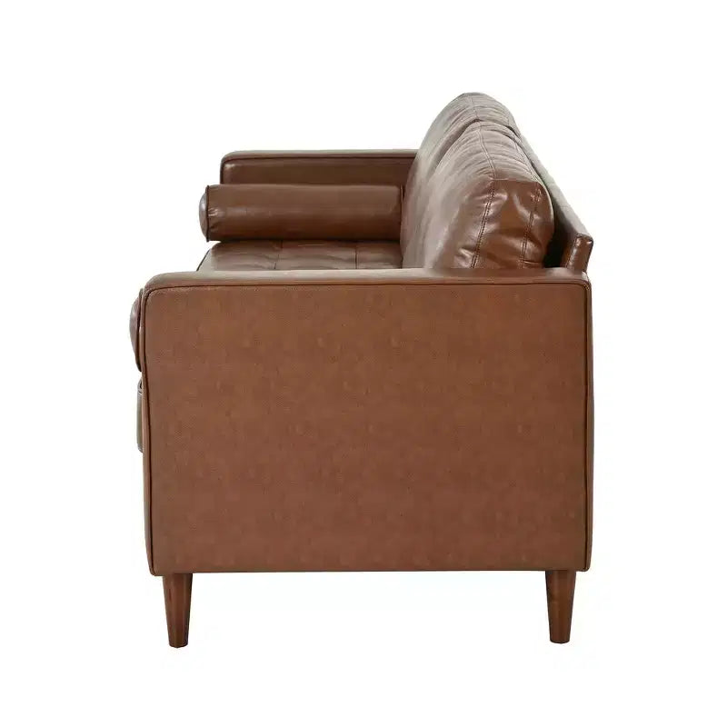 Divano a 3 posti in ecopelle (PU) in stile moderno di metà secolo, nero / marrone scuro / marrone chiaro, con design trapuntato e gambe in legno