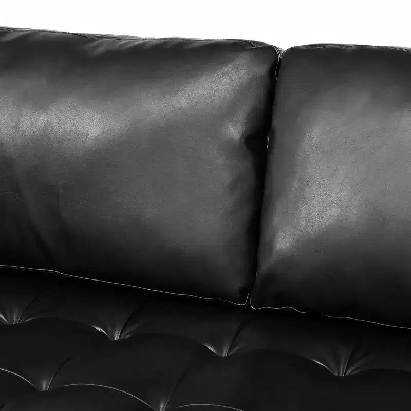 Divano a 3 posti in ecopelle (PU) in stile moderno di metà secolo, nero / marrone scuro / marrone chiaro, con design trapuntato e gambe in legno