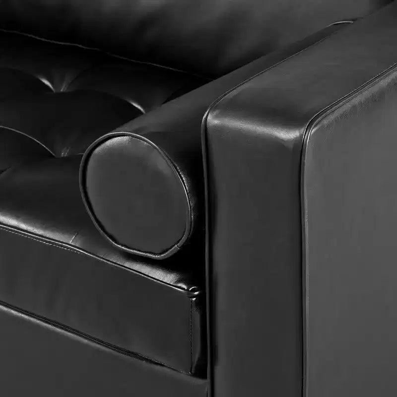 Divano a 3 posti in ecopelle (PU) in stile moderno di metà secolo, nero / marrone scuro / marrone chiaro, con design trapuntato e gambe in legno