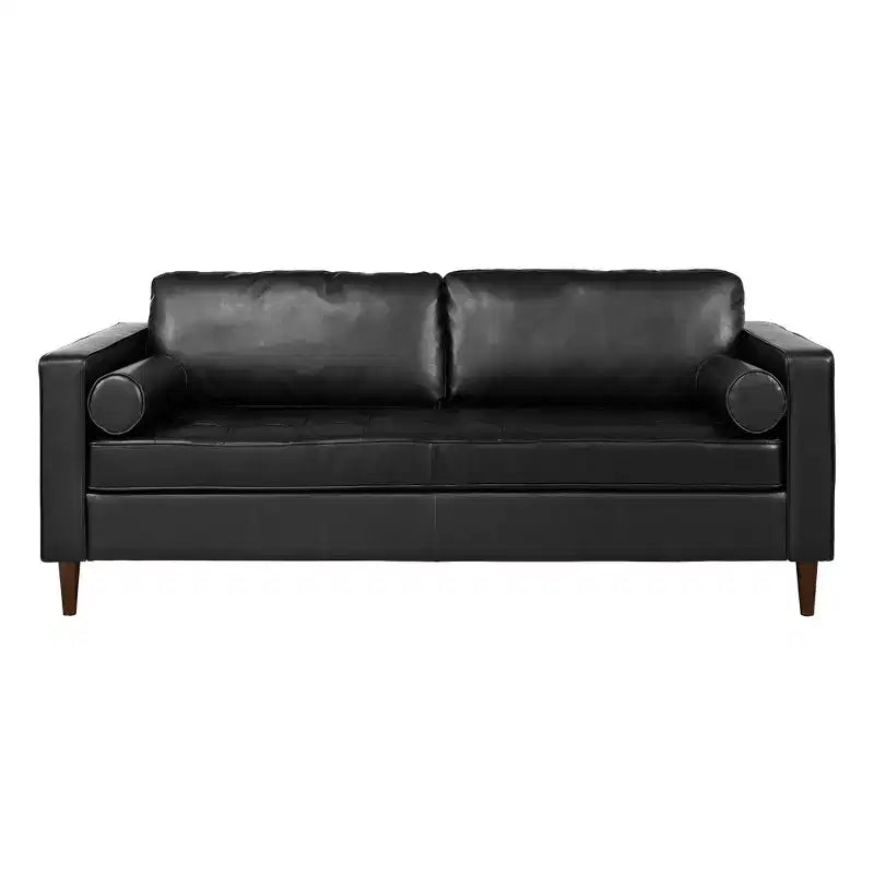 Divano a 3 posti in ecopelle (PU) in stile moderno di metà secolo, nero / marrone scuro / marrone chiaro, con design trapuntato e gambe in legno