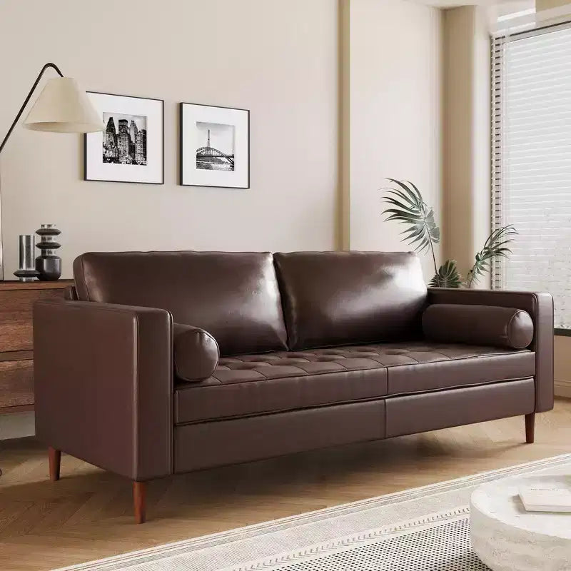 Divano a 3 posti in ecopelle (PU) in stile moderno di metà secolo, nero / marrone scuro / marrone chiaro, con design trapuntato e gambe in legno