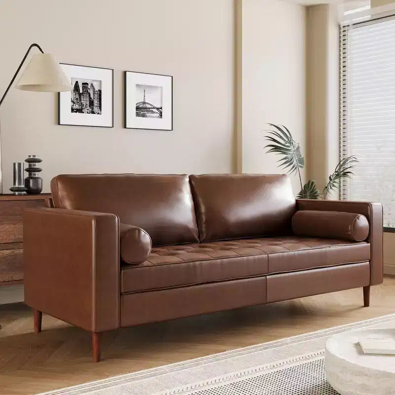 Divano a 3 posti in ecopelle (PU) in stile moderno di metà secolo, nero / marrone scuro / marrone chiaro, con design trapuntato e gambe in legno